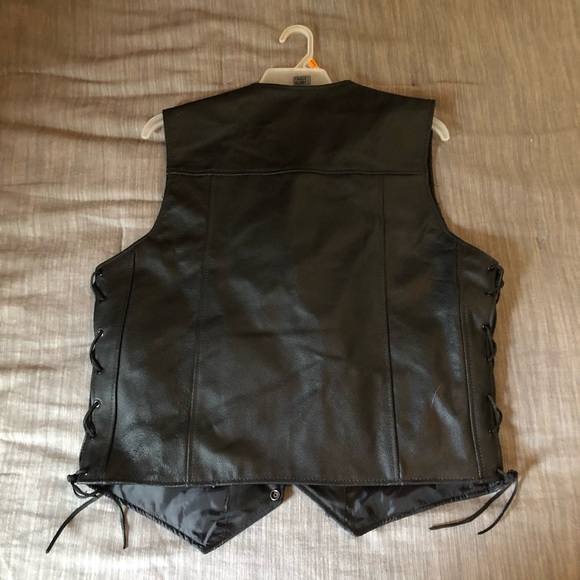 Men's HWK New Black Leather Motorcycle Vest Large - Picture 2 of 6